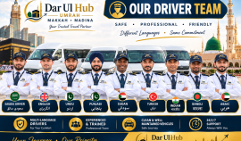 Dar Ul Hub transport promotional poster showing drivers and vehicles