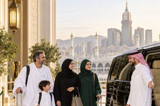 Umrah family welcomed by Dar Ul Hub private driver in Makkah
